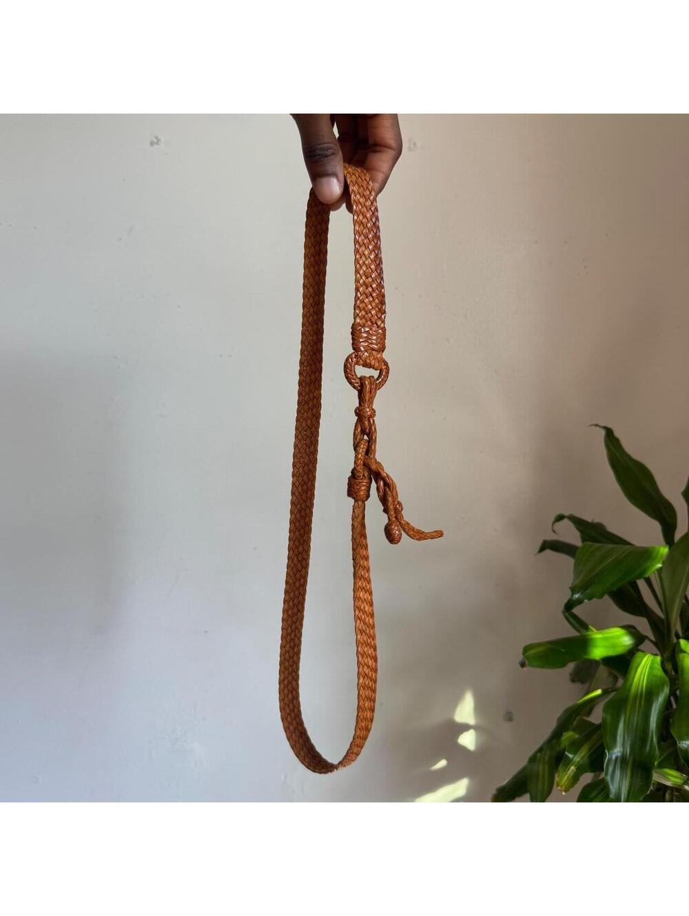 80s Cognac Woven Leather Braided Belt Tie Ring Closure fits S
